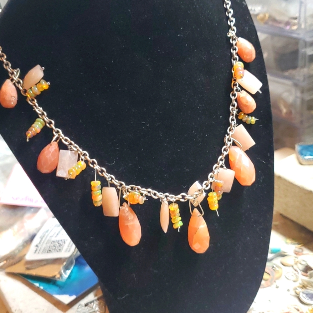 Womens Authentic Rose Quartz and Opal on Sterling silver Necklace